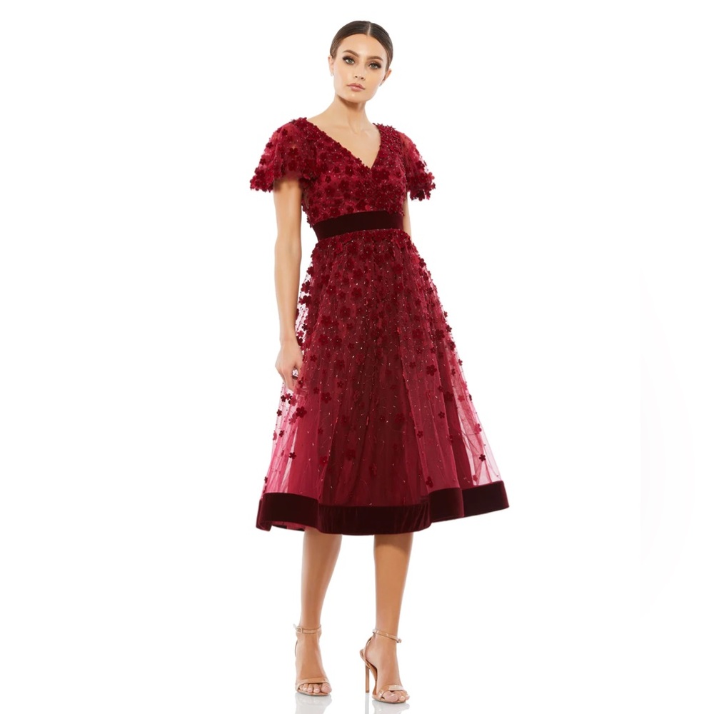 Mac Duggal Wine Red 3D Floral Midi Dress